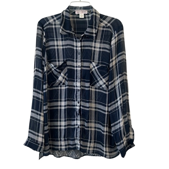Band of Gypsies Long Sleeved Sheer Bandana Print Checkered Navy Ivory Shirt XL - Picture 1 of 9